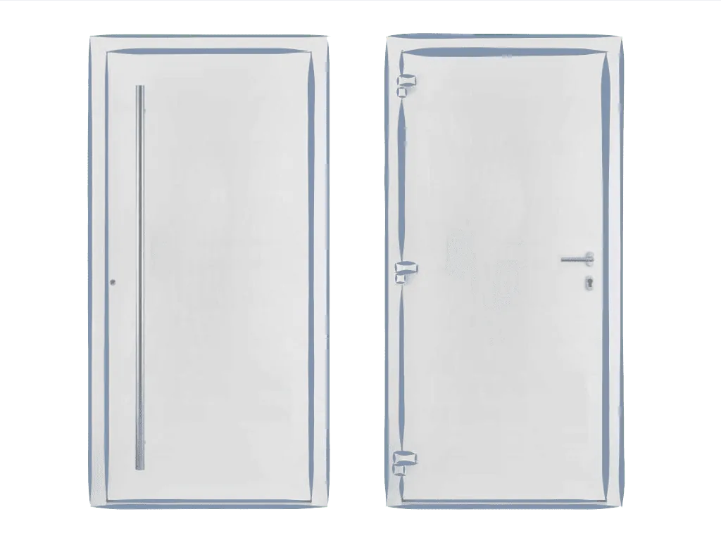 Weiße Haustür mit moderner Aufsatzfüllung und Edelstahlgriff von NORTA. Stilvolle und sichere Eingangslösung.