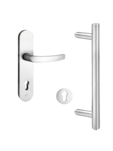 NORTA Edelstahl-Haustürgarnitur mit Rund-/Stangengriff. Stilvolles Türbeschlag-Set für modernen Eingangsbereich.