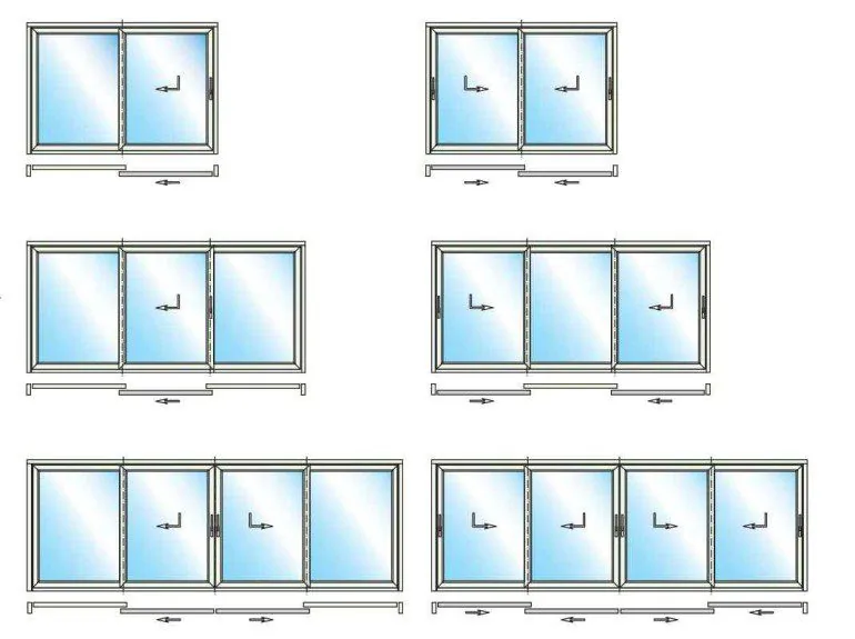 Grafische Darstellung von Schüco EasySlide Hebe-Schiebe-Tür Konfigurationen. Verschiedene Öffnungsvarianten für flexible Raumlösungen.