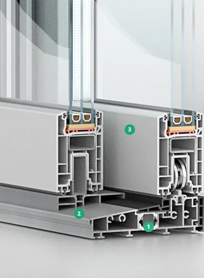 Profilquerschnitt einer Hebe-Schiebe-Tür von NORTA. Ausgezeichnete Wärmedämmung und Stabilität für moderne Bauten.