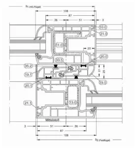 Technisches Schnittprofil einer Hebe-Schiebe-Tür von NORTA. Detaillierte Darstellung der Flügel- und Rahmenstruktur.