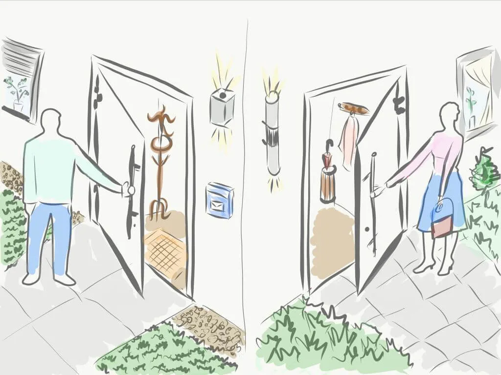 Illustration mit Türen, die nach außen aufgehen. Praktische Haustürlösungen von NORTA für mehr Platz im Eingangsbereich.