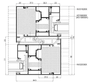 Schnittdarstellung eines Hebe-Schiebe-Türprofils von NORTA. Technische Details und Abmessungen für präzisen Einbau.