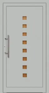 Moderne PVC-Haustür Modell 585 in Grau von NORTA. Stilvolle Tür mit quadratischen Glas-Elementen und elegantem Türgriff.