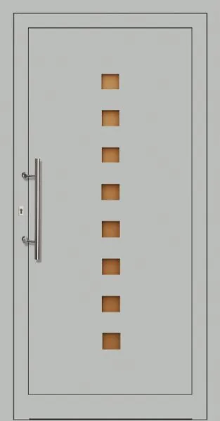 Moderne PVC-Haustür Modell 585 in Grau von NORTA. Stilvolle Tür mit quadratischen Glas-Elementen und elegantem Türgriff.
