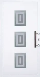 Moderne PVC-Haustür mit drei Glasfeldern und Edelstahlgriff von NORTA. Stilvolle Eingangsoptik mit hoher Sicherheit und Dämmung.