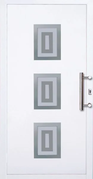 Moderne PVC-Haustür mit drei Glasfeldern und Edelstahlgriff von NORTA. Stilvolle Eingangsoptik mit hoher Sicherheit und Dämmung.