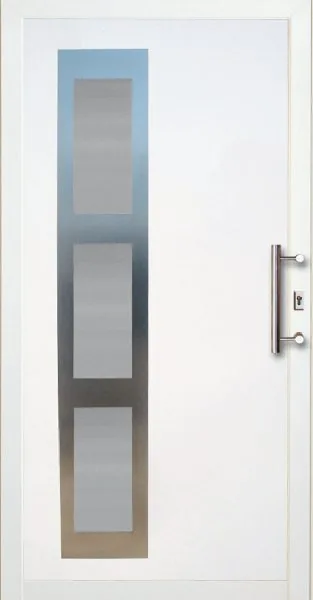 Moderne PVC-Haustür in Weiß mit Edelstahlgriff und Glaseinsatz von NORTA. Stilvoller Eingangsbereich mit hoher Sicherheit und Dämmung.