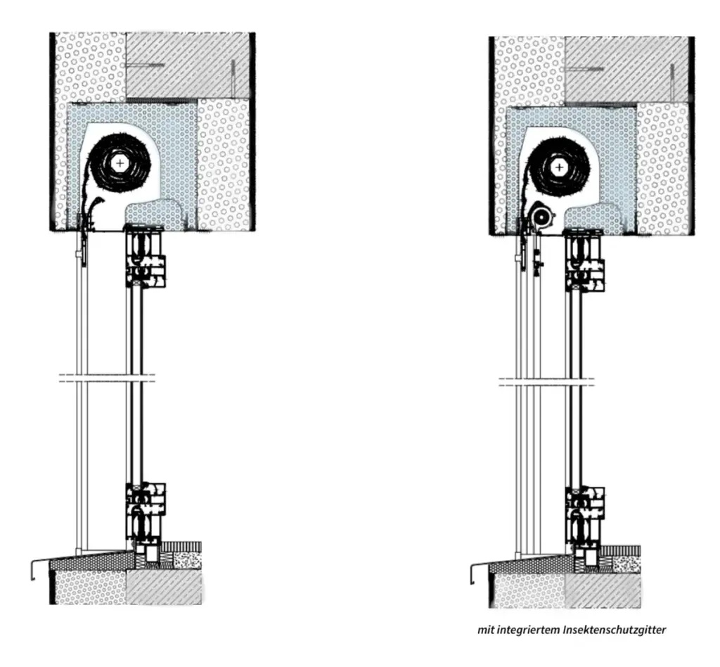 Technische Zeichnung eines Raffstores mit integriertem Insektenschutzgitter von NORTA, ideal für moderne Gebäude.