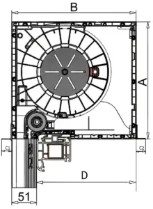 Schematische Darstellung eines Rollladenkastens von innen mit Maßen. Effiziente Lösung für optimale Dämmung von NORTA.