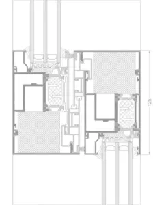 Detaillierter Schnitt des Ultraglide Flügelsystems von NORTA. Zeigt komplexe Profilstrukturen für hohe Stabilität und Wärmedämmung.