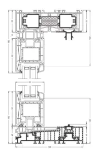 Querschnittszeichnung eines Schüco LivingSlide Profilsystems von NORTA. Präzise Details und Abmessungen für Haustürsysteme.