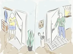 Illustration einer Tür, die nach innen geöffnet wird, mit einer Person auf beiden Seiten. Geeignet für sichere Wohnbereiche bei NORTA.