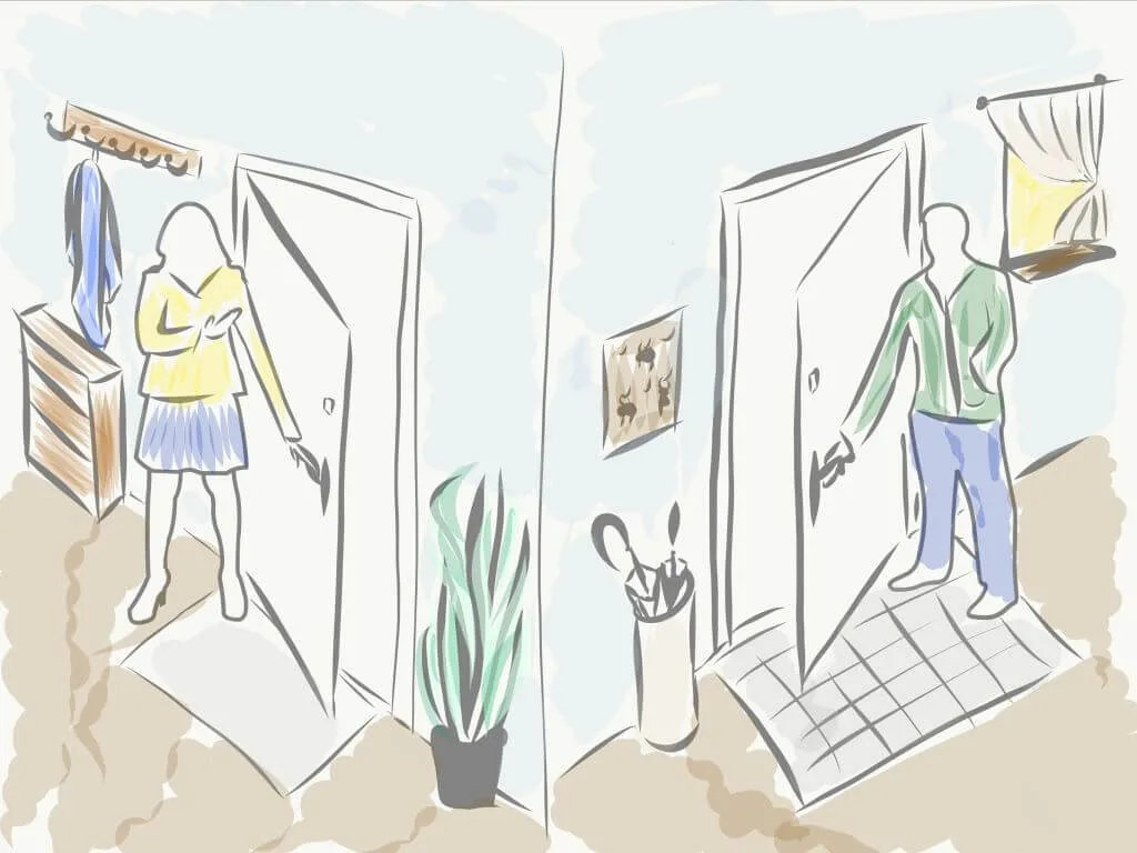 Illustration einer Tür, die nach innen geöffnet wird, mit einer Person auf beiden Seiten. Geeignet für sichere Wohnbereiche bei NORTA.