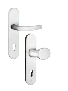 Wechselgarnitur aus Edelstahl für Haustüren von NORTA. Robuster Beschlag mit Griff und Drehknauf für optimale Sicherheit.