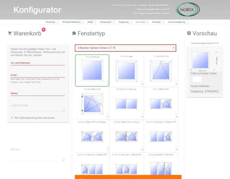 Online-Fensterkonfigurator von NORTA. Benutzerfreundliche Auswahl von Fenstertypen und individuellen Maßen für Fensterlösungen.
