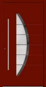 Moderne Aluminium-Haustür mit Halbkreis-Glas und Edelstahlgriff von NORTA. Eleganter und sicherer Eingangsbereich.