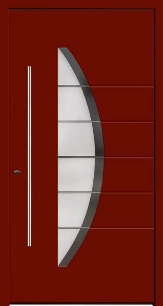 Moderne Aluminium-Haustür mit Halbkreis-Glas und Edelstahlgriff von NORTA. Eleganter und sicherer Eingangsbereich.