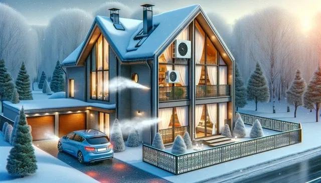 Modernes Traumhaus im Winter mit großen Fenstern und eleganter Architektur. Harmonische Integration in eine verschneite Landschaft.