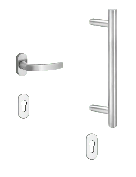 Edelstahl Türgriff-Set mit Klinke und Stoßgriff von NORTA. Moderne Optik und hohe Funktionalität für Haustüren.