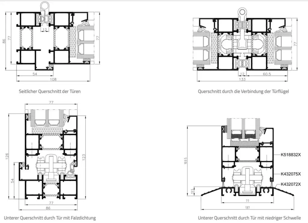 Technische Zeichnung des Querschnitts einer Aluprof Falttür von NORTA mit Details zur Falzdichtung und Schwellenhöhe.