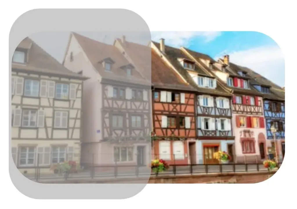 Zwei Fachwerkhäuser im Vorher-Nachher-Vergleich. Renoviertes, farbenfrohes Fachwerk nach Renovierung durch NORTA.