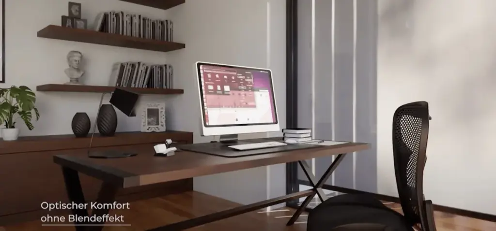 Modernes Büro mit Computer und optischem Komfort dank NORTA Screens ohne Blendeffekt. Funktionale und stilvolle Raumgestaltung.