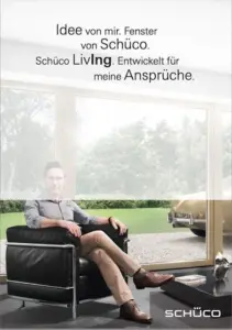 Werbeposter für Schüco LivIng Fenster. Moderner Wohnraum mit großen Fenstern, die hohen Ansprüchen an Design und Funktion gerecht werden.