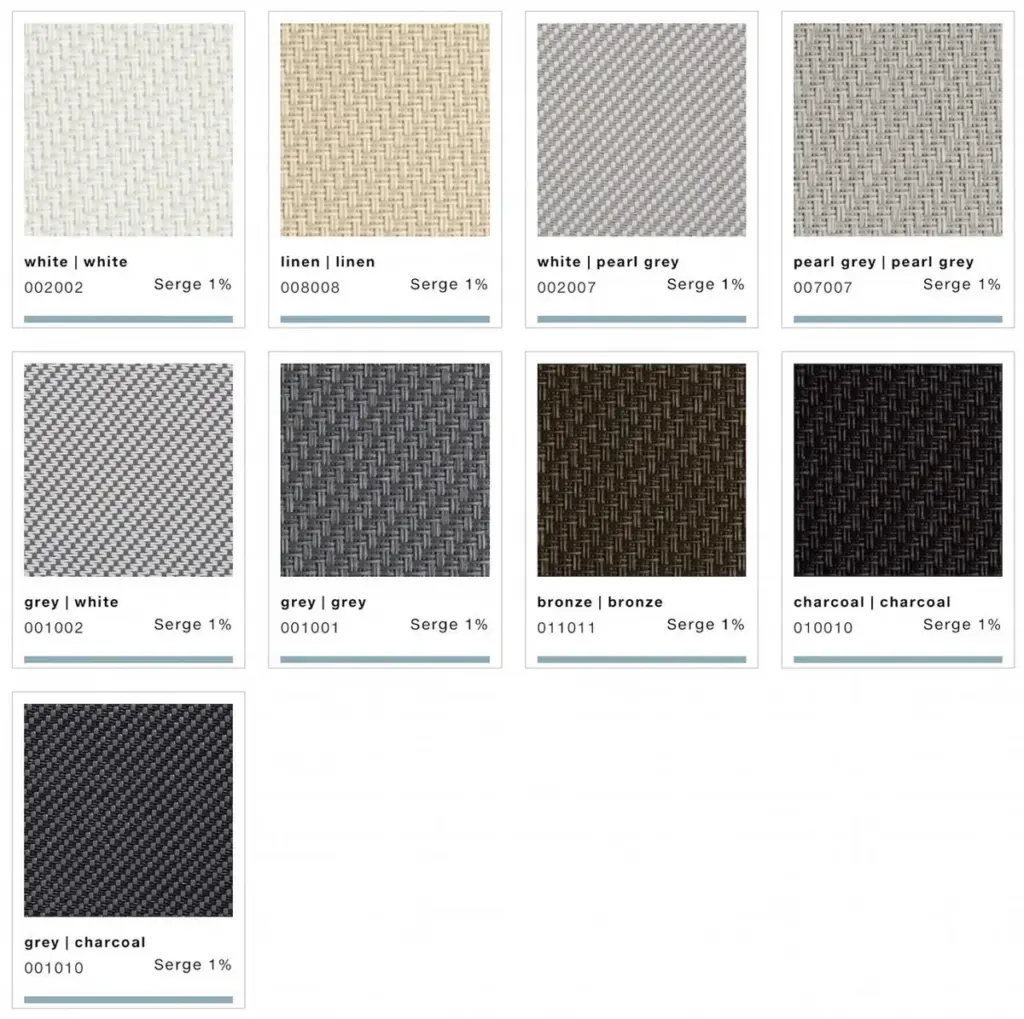 Farbkollektion Serge 1% für Screens von NORTA. Verschiedene Töne und Texturen für individuelle Sonnenschutzlösungen.