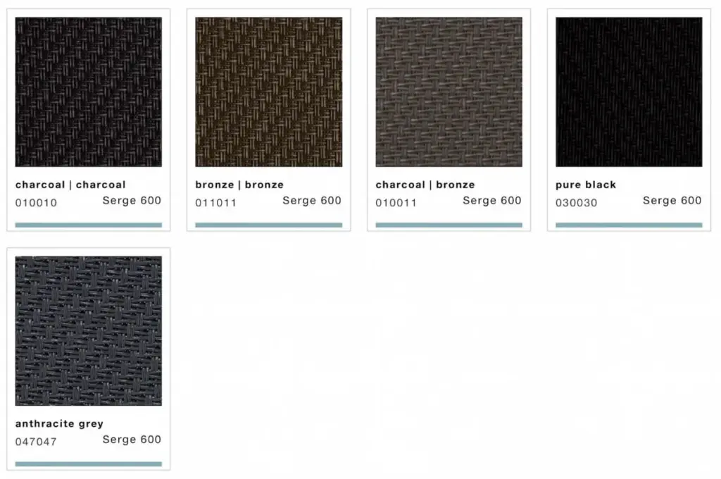 Verschiedene Farben des Serge 600 Stoffscreens von NORTA. Auswahl an Charcoal, Bronze und Anthracite für individuelle Gestaltung.