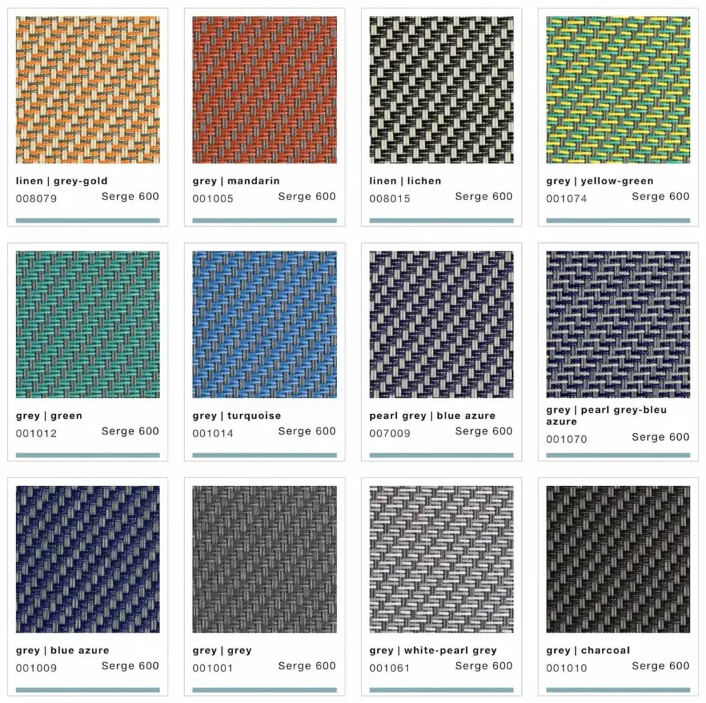 Verschiedene Serge 600 Screen-Muster von NORTA. Vielfalt an Farben und Texturen für individuelle Fensterlösungen.