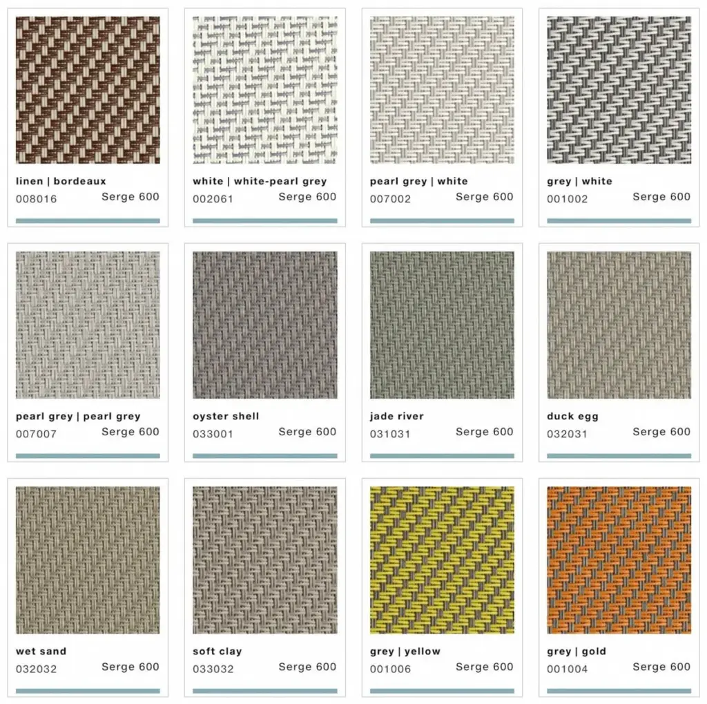 Verschiedene Serge 600 Screenstoffe von NORTA. Ideal für Sonnenschutz mit modischen Farbkombinationen und Funktionalität.