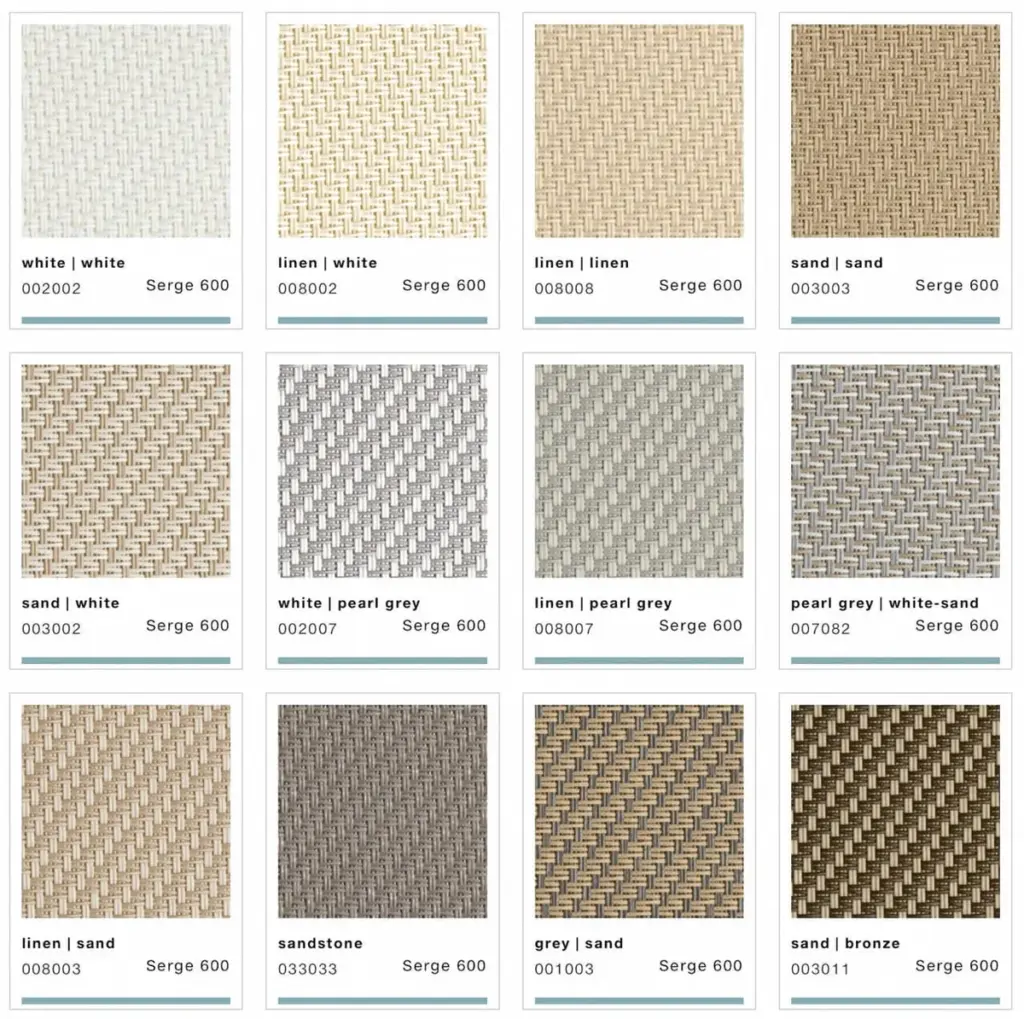 Textilscreen Serge 600 von NORTA in verschiedenen Farben. Hochwertige Lösung für Sonnenschutz mit stilvollem Design.
