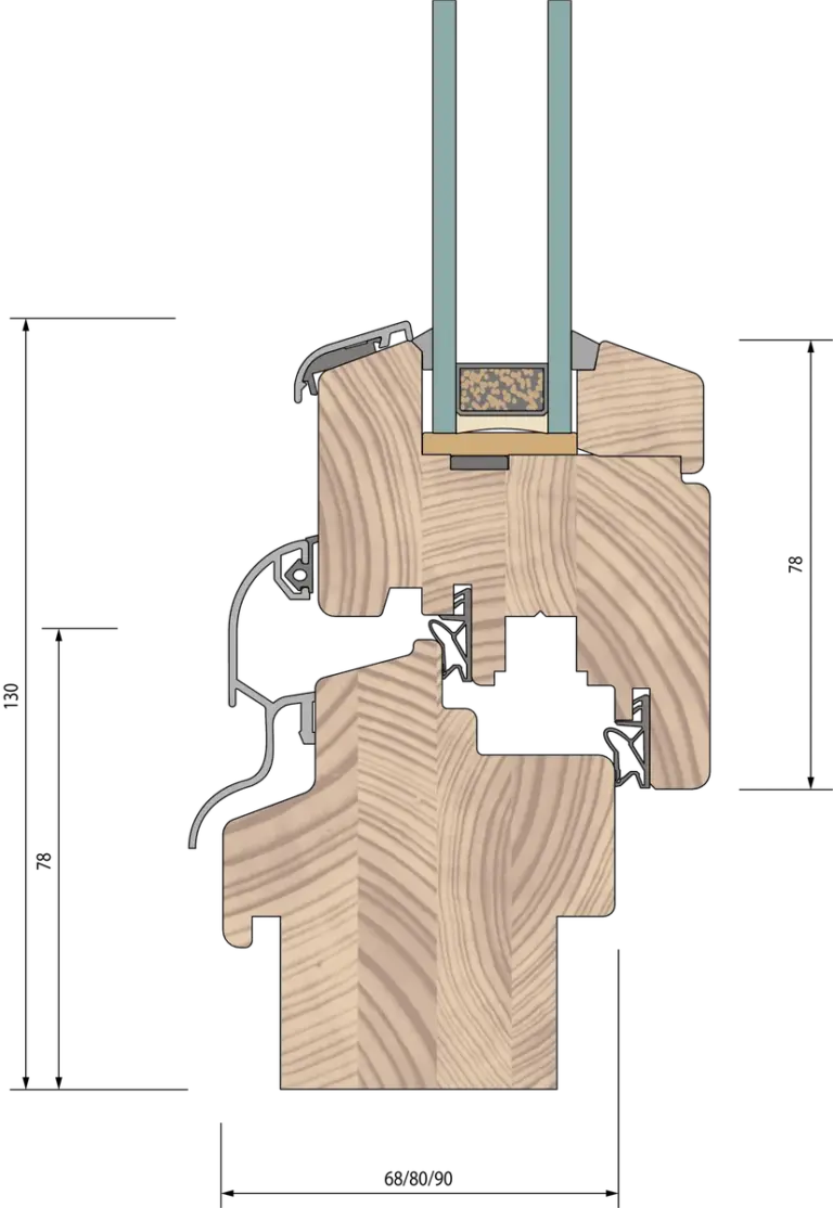 Querschnitt eines Holzfensterprofils von NORTA. Hochwertiges Material für optimale Wärmedämmung und Langlebigkeit.