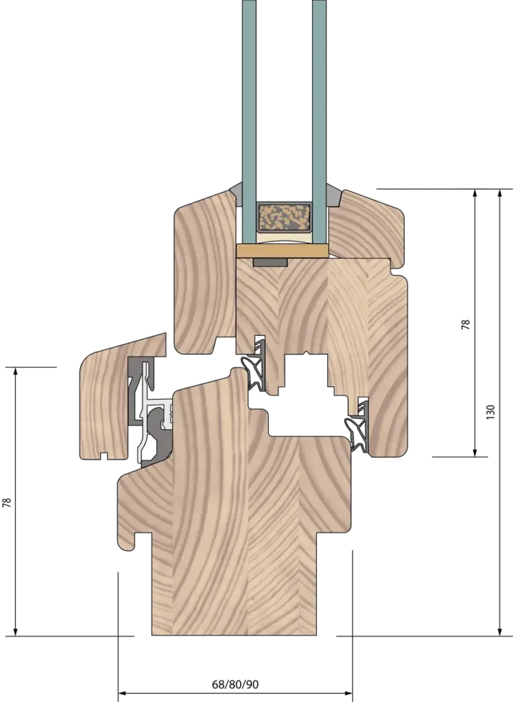 Fensterprofil Holz-Aluminium Schnitt von NORTA. Hochwertige Dämmung und Stabilität für energieeffiziente Fensterlösungen.