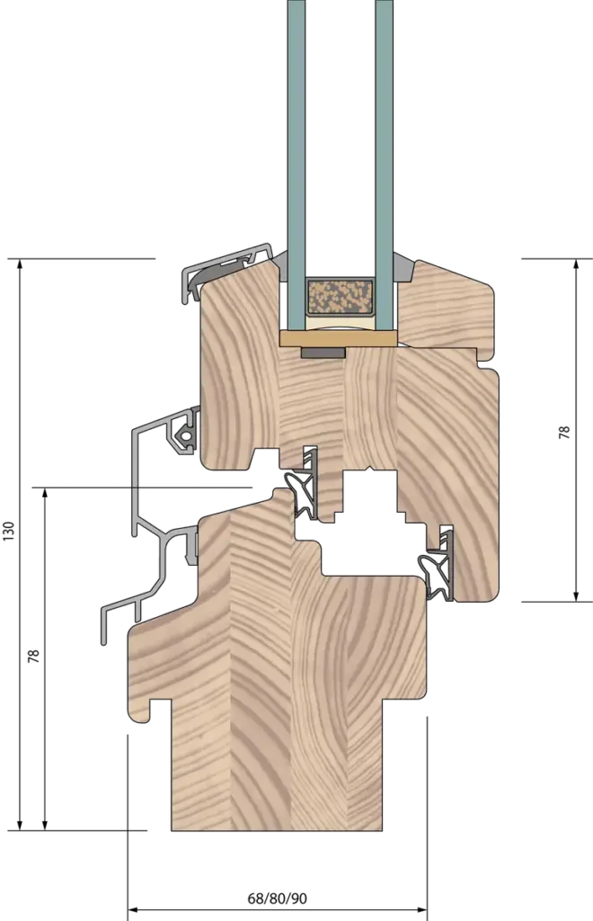 Schnittdarstellung eines NORTA Holzfensterprofils. Hochwertiges Material für optimale Wärmedämmung und nachhaltiges Wohnen.