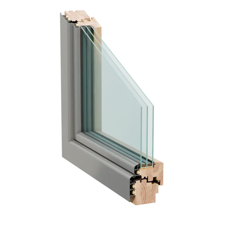 Alu-Holz-Fenster mit Softline-Profil von NORTA. Hochwertige Isolierung und modernes Design für energieeffiziente Gebäude.