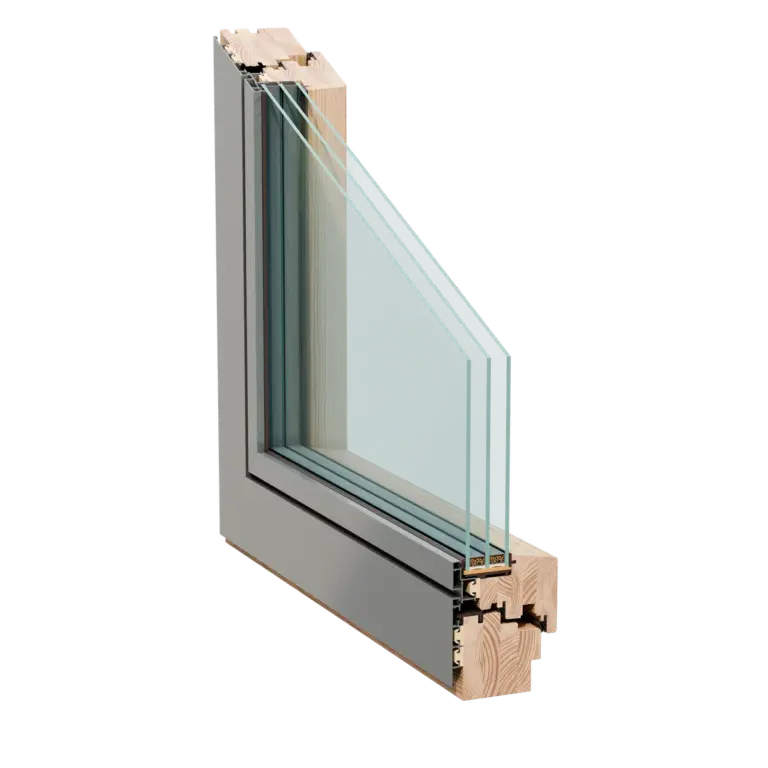 Alu-Holzfenster Querschnitt von NORTA. Kombination aus Aluminium und Holz für Energieeffizienz und ansprechender Ästhetik.