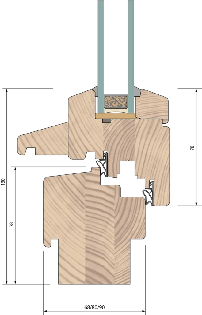 Querschnitt eines Holzfensters mit traditionellen Wetterschenkeln. Hochwertige Fensterkonstruktion von NORTA.