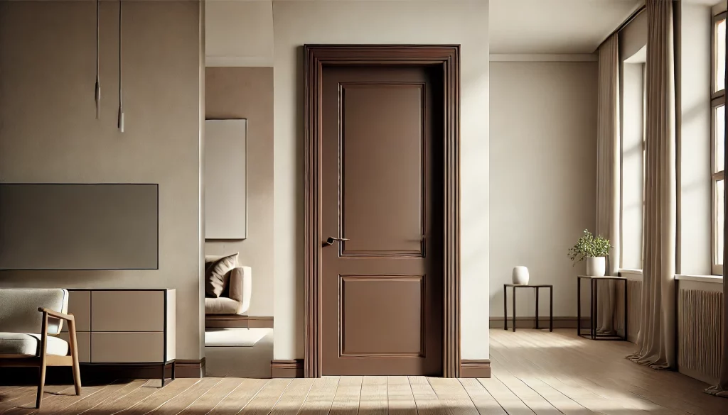 Braune, klassische Innentüren mit dezenten Verzierungen in einem eleganten und dezent gehaltenen Interieur. Die subtile Ausführung in einem warmen Braunton harmoniert perfekt mit den hellen Wänden. Minimalistische Möbel und Accessoires, wie moderne Hängeleuchten, leichte Vorhänge und eine dekorative Pflanze im Topf, unterstreichen die Harmonie und Gemütlichkeit des Raumes. Die gesamte Gestaltung verbindet Klassik mit Modernität und schafft eine Atmosphäre der Ruhe und zeitlosen Eleganz.