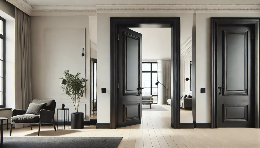 Schwarze, klassische Innentüren mit eleganten Verzierungen in einem stilvollen Interieur. Helle Wände, ein Holzboden und große Fenster mit schwarzen Rahmen schaffen eine kontrastreiche, modern-klassische Einrichtung. Die perfekte Kombination aus Luxus und Minimalismus