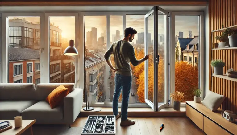 Mann stellt ein großes Fenster ein, herbstliche Stadtansicht. Optimale Einstellung für Effizienz mit NORTA Fenstern.