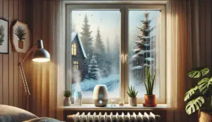 Fenster mit Kondenswasser innen und winterlicher Aussicht. NORTA bietet hochwertige Lösungen für energieeffiziente Fenster.