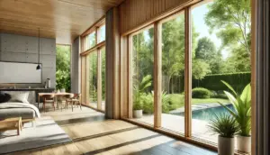 Modernes Holzfenster im Wohnzimmer mit großem Glas, Blick auf den Garten. Hochwertige Verarbeitung bei NORTA für stilvolle Wohnräume.