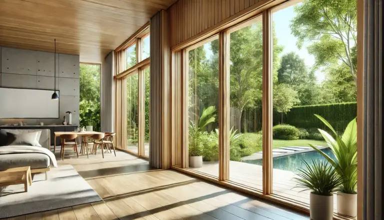 Modernes Holzfenster im Wohnzimmer mit großem Glas, Blick auf den Garten. Hochwertige Verarbeitung bei NORTA für stilvolle Wohnräume.