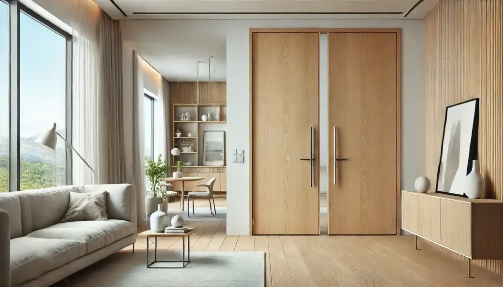 Klassische Türen aus hellem Holz im minimalistischen Stil. Lange, gerade Griffe in metallischer Ausführung verleihen ihnen einen modernen Charakter