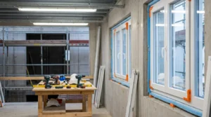 Ein professionelles Foto von einer Baustelle zeigt weiße PVC-Fensterrahmen, die mit Schutzschaumkanten versehen sind. Im Hintergrund sieht man Gerüstbretter und auf einem Tisch liegen verschiedene Bauwerkzeuge.