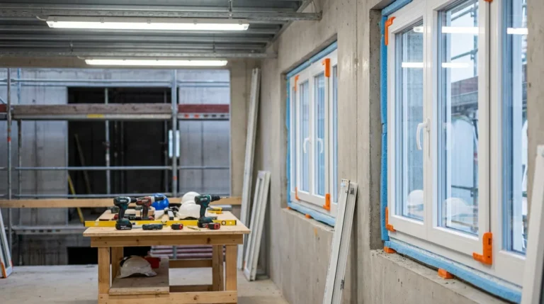 Ein professionelles Foto von einer Baustelle zeigt weiße PVC-Fensterrahmen, die mit Schutzschaumkanten versehen sind. Im Hintergrund sieht man Gerüstbretter und auf einem Tisch liegen verschiedene Bauwerkzeuge.