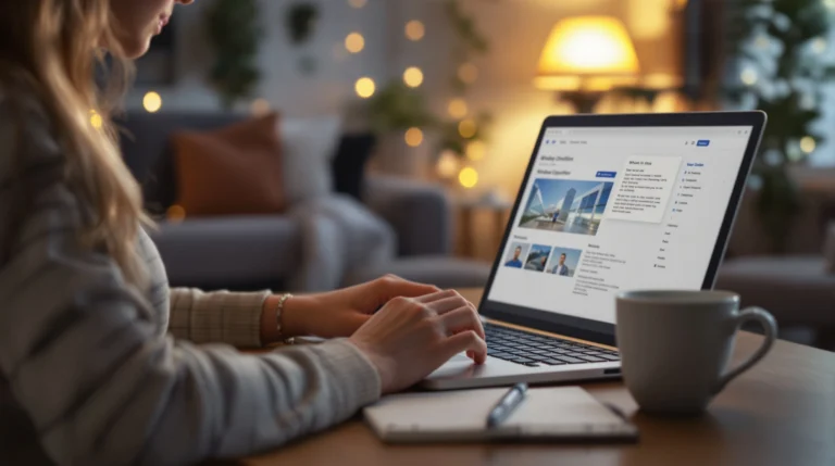 Frau am Laptop beim Aufrufen eines Fenster-Konfigurators