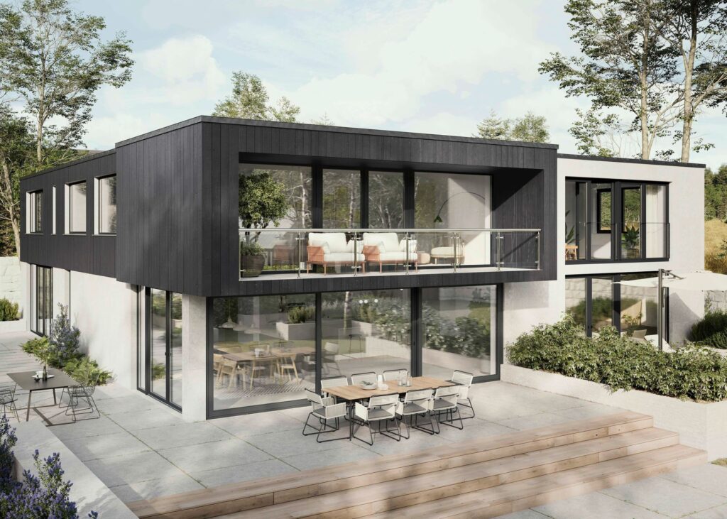 REHAU ARTEVO Fenster in einem modernen Einfamilienhaus mit großen Glasflächen